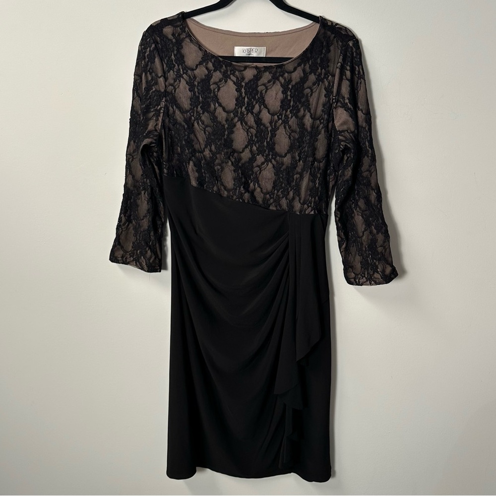 KASPER women's beige black lace top rouched formal midi dress, 12 US.
